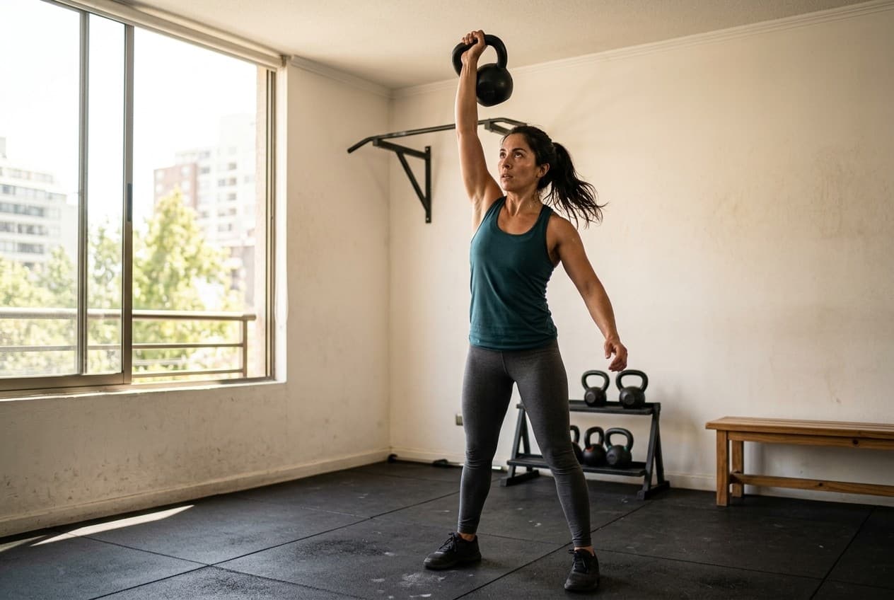 Una mujer levanta una pesa rusa sobre su cabeza en un gimnasio pequeño y luminoso.