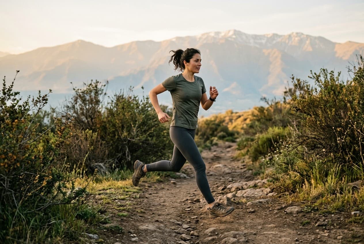 Una mujer trota por un sendero de cerro con la cordillera al fondo.