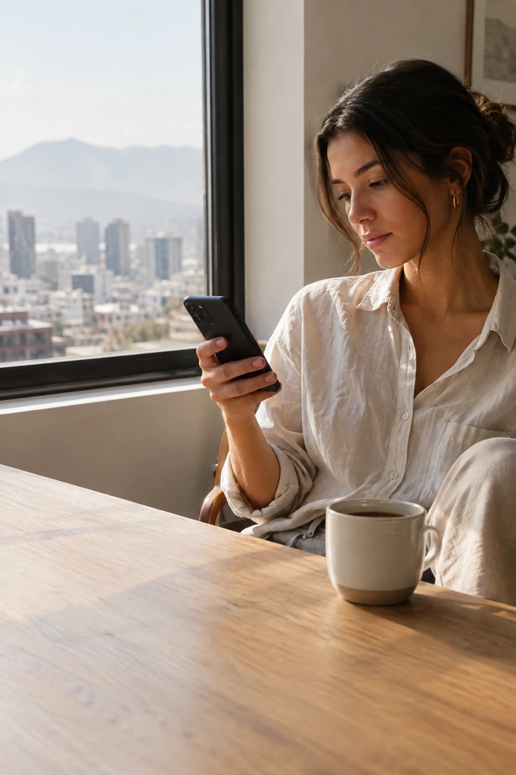 Una mujer revisa su celular junto a la ventana, con un café en la mesa.