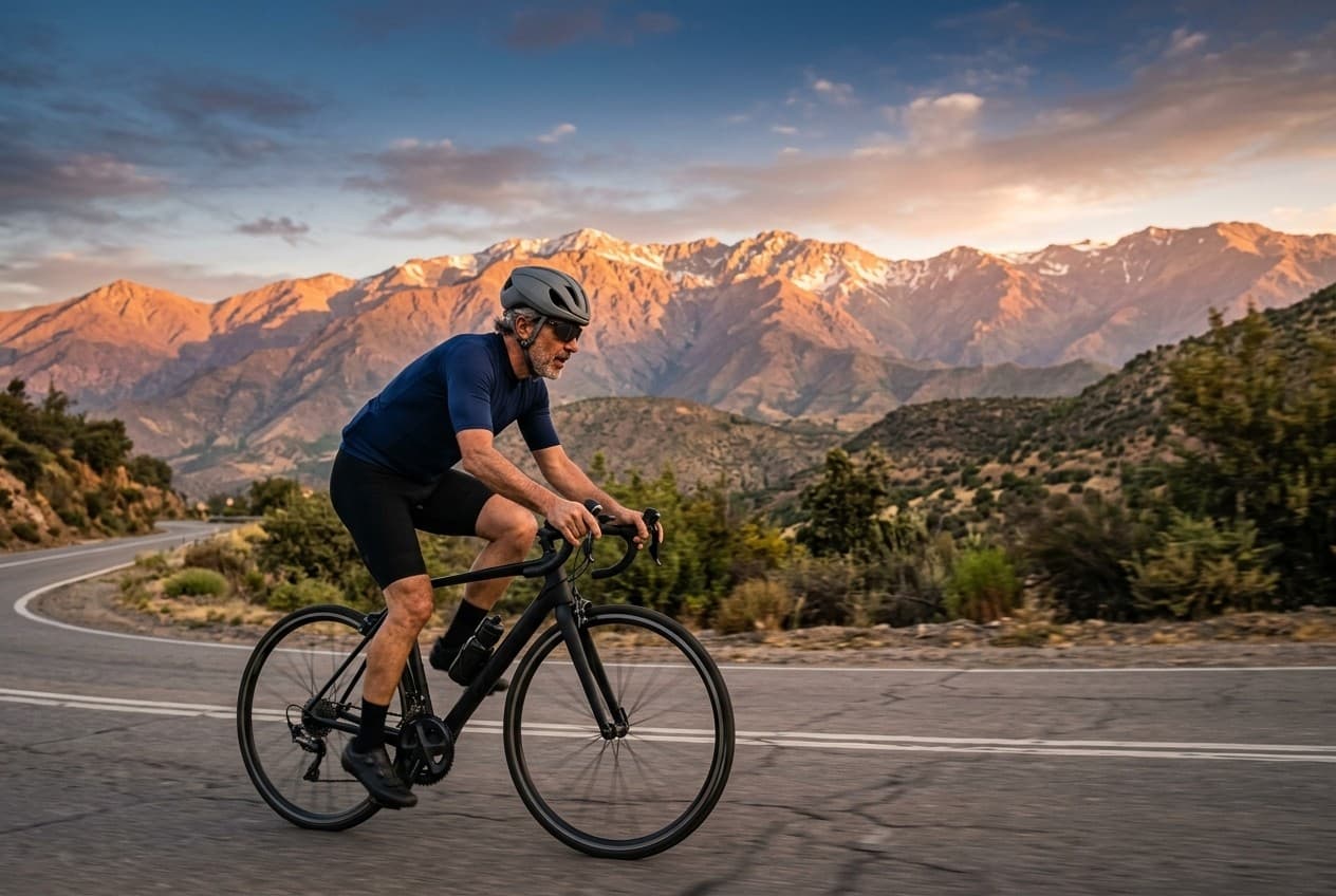 Un hombre pedalea en bicicleta de ruta por un camino de cerro, con la cordillera al fondo.
